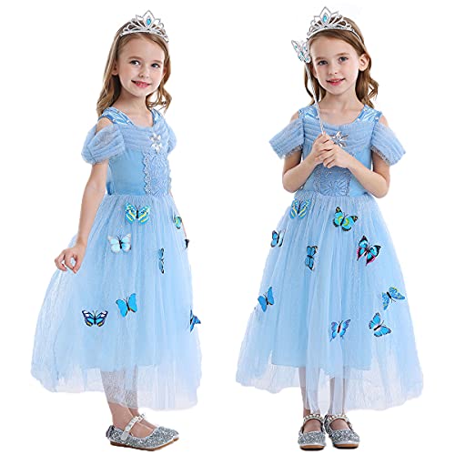 LiUiMiY Vestido de Princesa Disfraz Niña Tul Rosa para Carnaval Cumpleaños Cosplay Halloween Fiesta 2-8 años con accesorios, Azul, 116-122 (etiqueta 120)