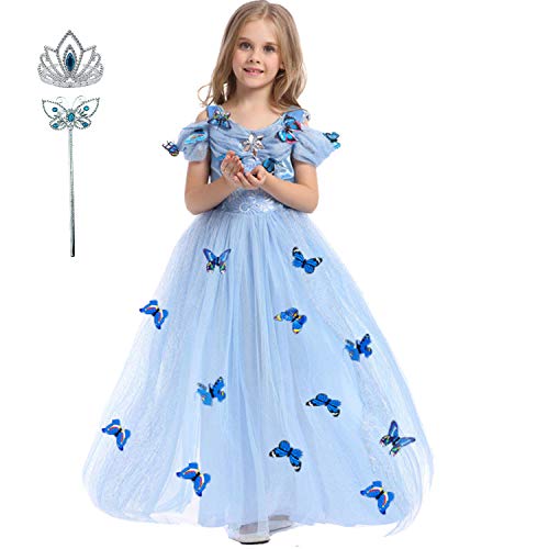 LiUiMiY Vestido de Princesa Disfraz Niña Tul Rosa para Carnaval Cumpleaños Cosplay Halloween Fiesta 2-8 años con accesorios, Azul, 116-122 (etiqueta 120)