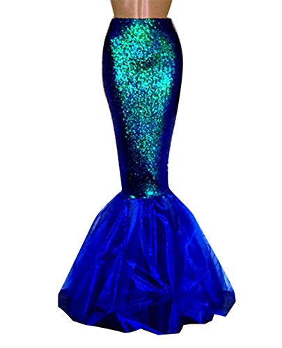 Loalirando Disfraz de sirena para mujer, disfraz de sirena para Halloween, disfraz de escena con lentejuelas, maxi falda Cosplay, carnaval, vestido de noche (azul, L)