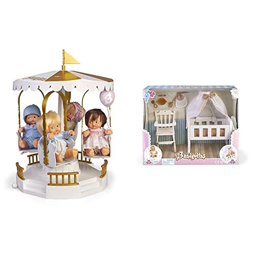 los Barriguitas -700015806 Carrusel Musical con Figura De Muñeca Bebé para Niña, Color Mixto (Famosa 700015806)+- Set De Cuna, Sillita Trona Y Accesorios para Bebé (Famosa 700015557)