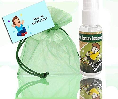 Lote de 12 Botes de Gel Desinfectante 30 ml con Pegatina Niño Fútbol, Tarjeta y Bolsa de Organza. Salud e Higiene. Regalos y Detalles para Bodas, Bautizos, Comuniones y Cumpleaños. Navidad y Reyes.