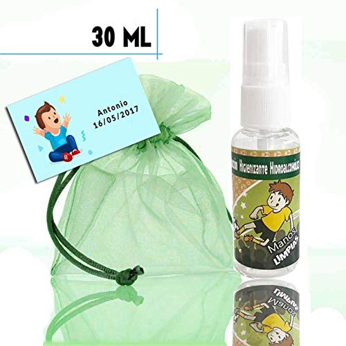 Lote de 12 Botes de Gel Desinfectante 30 ml con Pegatina Niño Fútbol, Tarjeta y Bolsa de Organza. Salud e Higiene. Regalos y Detalles para Bodas, Bautizos, Comuniones y Cumpleaños. Navidad y Reyes.