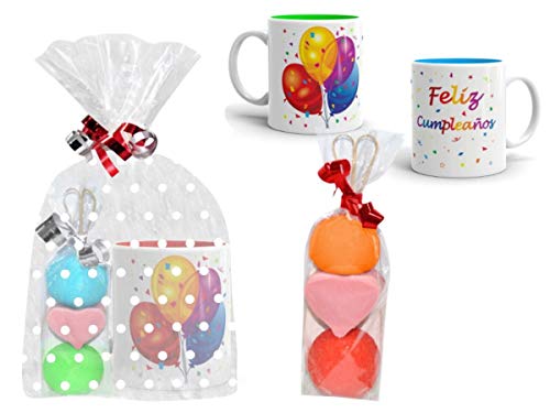 Lote de 4 Tazas de Cerámica con Brochetas de Golosinas Surtidas"Feliz Cumpleaños. Vajillas. Regalos y Juguetes para Fiestas de Cumpleaños, Bodas, Bautizos y Comuniones. DC