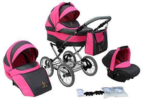 Lux4kids Retro Stroller Classica 3in1 2in1 Isofix neumáticos, ruedas de radios, cromo Pink 02 2en1 sin asiento