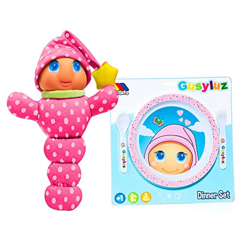 M MOLTO Gusyluz®. Peluche con luz para Dormir. Opción con vajilla incluida. (Gusyluz Rosa + Vajilla)