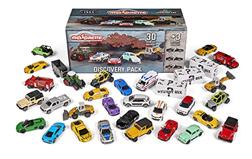 Majorette Juego de 30 + 3 Coches de Juguete, 10 Coches de Primera Calidad, 3 vehículos Especiales VW Escarabajo, Lamborghini, Porsche, Mercedes, Reno, Audi, 1:64, 7,5 cm, Incluye Caja de Herramientas