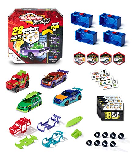 Majorette Tune Ups Series 1 - Juego de 4 Coches de Juguete de Metal con 28 sorpresas para tunear 4 de 18 Coches en Paquete Sorpresa con Accesorios de Tuning (4 Unidades), Color Aleatorio