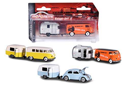 Majorette Vintage Trailer, Surtido de vehículos en Miniatura, Juego con vehículo y Remolque, Coche de Juguete con Colgante de Metal, 3 Diferentes Modelos, Entrega: 1 Set Aleatorio 7,5 cm.