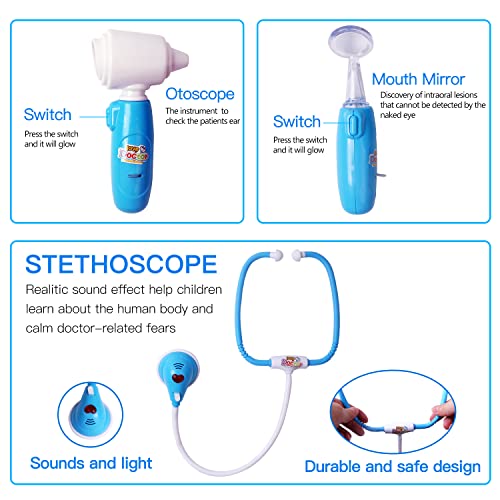 Maletin Medicos Juguete, Kit médico para Dentistas Infantiles, Juego Médico de Simulación, Disfraz Médico para Niños, Estuche de Transporte Médico con Estetoscopio de Luz y Sonido para Niños 3+