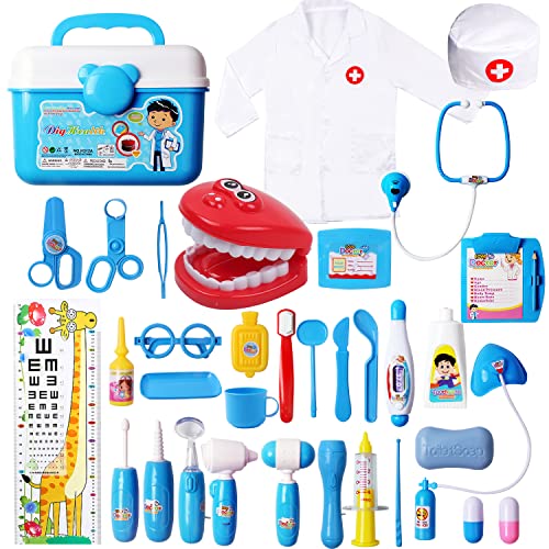 Maletin Medicos Juguete, Kit médico para Dentistas Infantiles, Juego Médico de Simulación, Disfraz Médico para Niños, Estuche de Transporte Médico con Estetoscopio de Luz y Sonido para Niños 3+