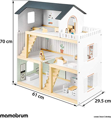 Mamabrum Casa de Muñecas de Madera 70x30x60cm para Niños con Terraza Grande 4 Figuras, 3 Pisos, 2 Dormitorios, Cocina, Sala de Estar y 19 Habitaciones Móviles, Juguete para Niños de 3 Años