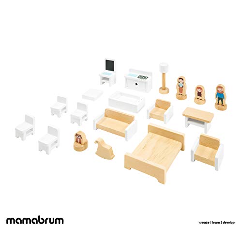 Mamabrum Casa de Muñecas de Madera 70x30x60cm para Niños con Terraza Grande 4 Figuras, 3 Pisos, 2 Dormitorios, Cocina, Sala de Estar y 19 Habitaciones Móviles, Juguete para Niños de 3 Años