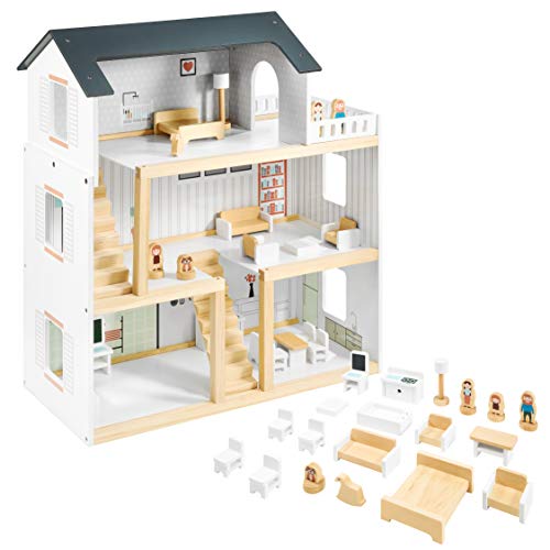 Mamabrum Casa de Muñecas de Madera 70x30x60cm para Niños con Terraza Grande 4 Figuras, 3 Pisos, 2 Dormitorios, Cocina, Sala de Estar y 19 Habitaciones Móviles, Juguete para Niños de 3 Años