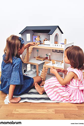 Mamabrum Casa de Muñecas de Madera 70x30x60cm para Niños con Terraza Grande 4 Figuras, 3 Pisos, 2 Dormitorios, Cocina, Sala de Estar y 19 Habitaciones Móviles, Juguete para Niños de 3 Años