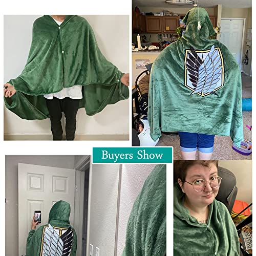 Manta de Ataque a Titán Capa: Capa de Cosplay Disfraz de Halloween con capucha Poncho de felpa verde suave y cálido Anime acogedor abrigo de ángel divertido chal de lana adulto niño de 170 x 120 cm