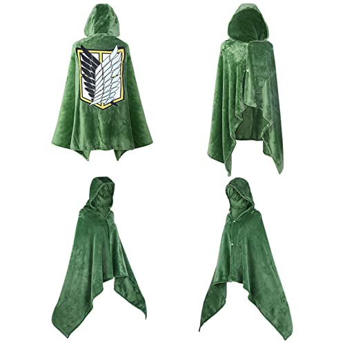 Manta de Ataque a Titán Capa: Capa de Cosplay Disfraz de Halloween con capucha Poncho de felpa verde suave y cálido Anime acogedor abrigo de ángel divertido chal de lana adulto niño de 170 x 120 cm