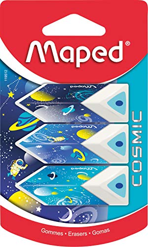 Maped Goma de borrar ergonómica y eficiente, Triangular, Cosmic Kids – 3 Unidades – Azul y Rosa (119512)