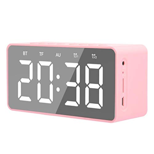 Maquer Mini Altavoz FM, Altavoz Inalámbrico Portátil, Altavoces Bluetooth con Reloj Despertador Inteligente Altavoz Estéreo de Graves Pesados ​​con Visualización de Tiempo, Batería de Larga(Rosado)