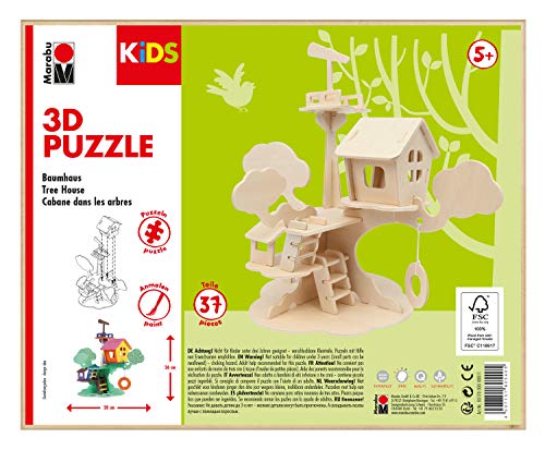 Marabu Kids 3D-Puzzle de Madera (37 Piezas, Aprox. 28 x 26 cm), diseño de casa del árbol, Color (0317000000011)