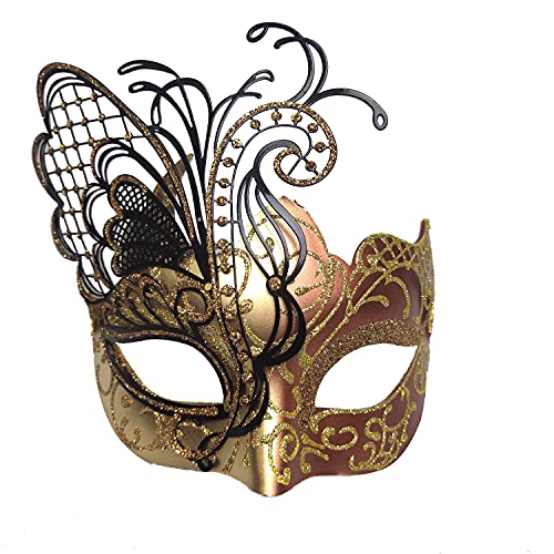 Máscara de mujer veneciana de metal con diamantes de imitación de mariposa de oro rosa para mascarada / fiesta de Mardi Gras / baile de disfraces sexy / boda