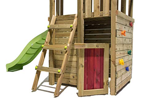 MASGAMES | Parque Infantil Canigo L con caseta (Duplex) | Pared de Escalada | tobogán con Conector a Manguera | Plataforma 120 cm Altura | Anclajes incluidos | Uso doméstico |