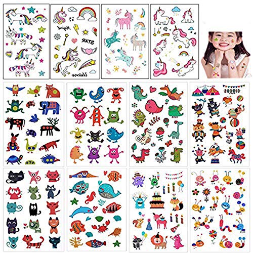 Mattelsen Tatuajes Temporales Niños Niñas Animales Unicornio 240pcs Hojas Tatuaje Falso Pegatinas Dibujos Animados para Infantiles de Cumpleaños Regalo