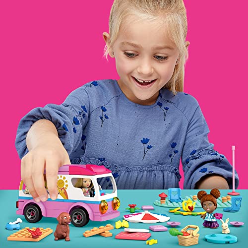 Mega Construx Barbie Supercaravana de aventuras, muñecas y coche de juguete de bloques de construcción con accesorios (Mattel GWR35)