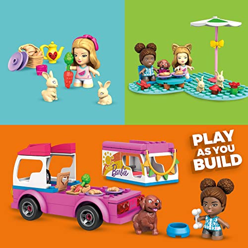 Mega Construx Barbie Supercaravana de aventuras, muñecas y coche de juguete de bloques de construcción con accesorios (Mattel GWR35)