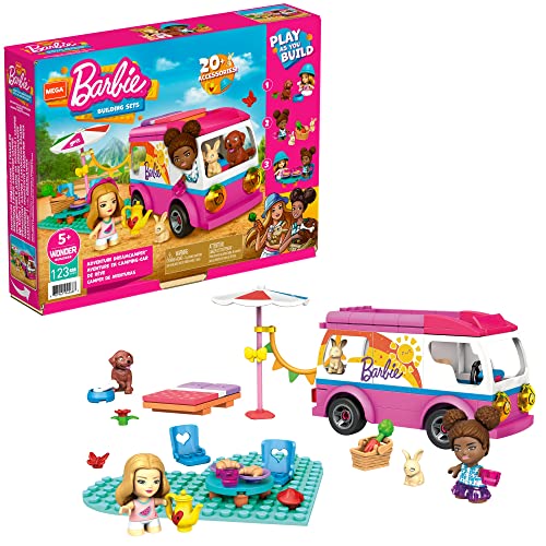 Mega Construx Barbie Supercaravana de aventuras, muñecas y coche de juguete de bloques de construcción con accesorios (Mattel GWR35)