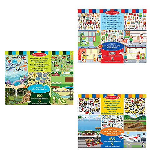 Melissa & Doug | Pack de 3 | Cuadernos de Pegatinas Reutilizables - Mi Ciudad Hábitats y Vehículos