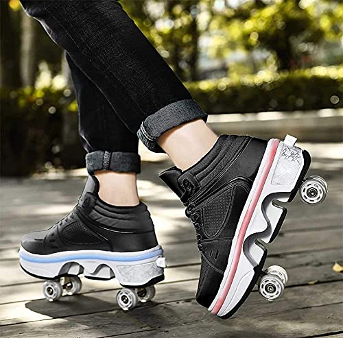 MENG Patines para Mujeres/Niñas con 7 Colores Cambiando la Barra de Luz Luz Ajustable Parkour Zapatos Que Se Convierten en Patines Deformación Polea Patines Patines para Niños Niños Niñas,Negro,42E