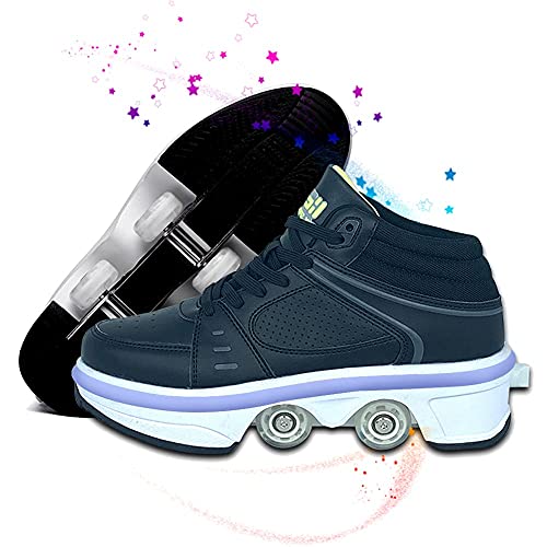 MENG Patines para Mujeres/Niñas con 7 Colores Cambiando la Barra de Luz Luz Ajustable Parkour Zapatos Que Se Convierten en Patines Deformación Polea Patines Patines para Niños Niños Niñas,Negro,42E