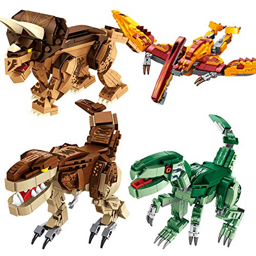 MERK Kit de construcción de dinosaurios, 4 en 1 dinosaurios Pterodáctilo, Velociraptor, Tyrannosaurus, Triceratops, Compatible con LEGO Dinosaurs