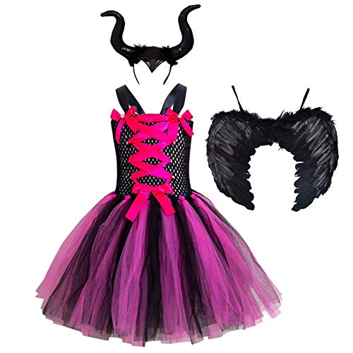 MFFACAI Disfraz Infantil de Maléfica Bruja Vampiresa Payaso Niña Princesa Vestido con Devil Horns Tutú Tul Ropa de Fiesta Actuación Halloween Fancy Cosplay Costume Carnaval Party Alice Band Disfraces