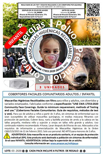 MI HIJA Y YO Pack 3 Unidades Máscaras Mascarillas Infantiles, niños. Cobertores faciales comunitarios. Estampados de Animales. De Tela, Lavables, Reutilizables. Incluye 6 filtros Regalo.