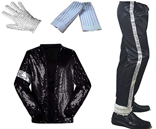 Michael Jackson Cosplay Kid Disfraz de Cosplay para Adultos 4pcs MJ Billie Jeans Jacket + Pant + Socks + Guante (W: 25-32kg H:120-130cm)