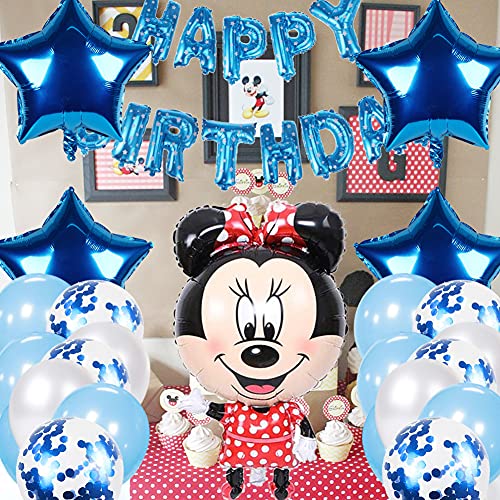 Mickey Party Globos, Mickey Themed Decoraciones de Fiesta, Minnie Globos, Decoraciones de Cumpleaños de Mickey Mouse, Globos de Confeti de Latex, con Pancarta de Feliz Cumpleaños, 22 Piezas, Azul