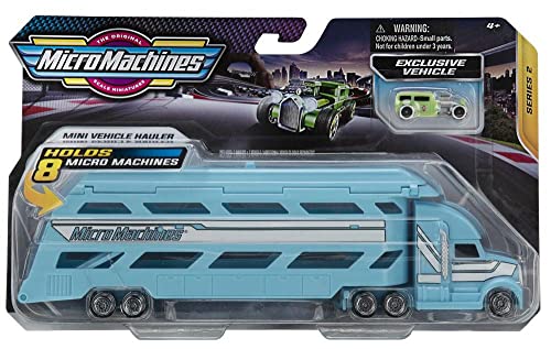 Micro Machines Paquete de Inicio, Mini transportador - Incluye 2 vehículos, camión y Coche Exclusivo, Posibilidad de Algo Raro - colección de Coches de Juguete