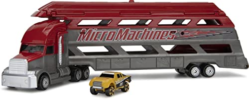 Micro Machines Paquete de Inicio, Mini transportador Rojo - Incluye 2 vehículos, camión y Coche Exclusivo, Posibilidad de Algo Raro - colección de Coches de Juguete