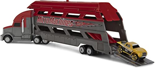 Micro Machines Paquete de Inicio, Mini transportador Rojo - Incluye 2 vehículos, camión y Coche Exclusivo, Posibilidad de Algo Raro - colección de Coches de Juguete