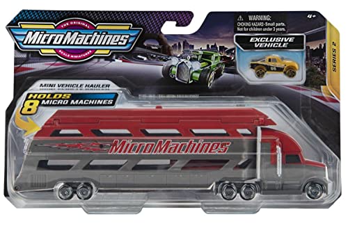 Micro Machines Paquete de Inicio, Mini transportador Rojo - Incluye 2 vehículos, camión y Coche Exclusivo, Posibilidad de Algo Raro - colección de Coches de Juguete