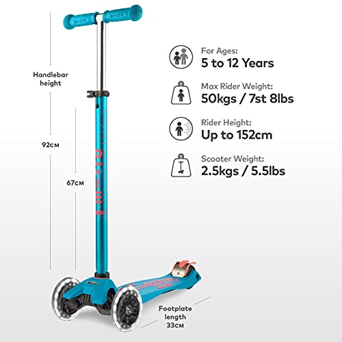 Micro Mobility Micro Maxi Kickboard LED Aqua, Azul, plástico Reforzado con Fibra de Vidrio, Grupo de Edad: 5 - 12 años, Capacidad de Carga: 50 kg, MMD078, Dimensiones de la Plataforma: 14,2 x 33 cm