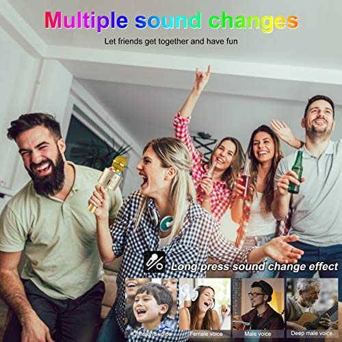 Micrófono de karaoke inalámbrico Bluetooth para niños, par con luces de colores, regalo para niños de 5 años (dorado)