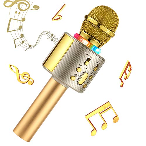 Micrófono de karaoke inalámbrico Bluetooth para niños, par con luces de colores, regalo para niños de 5 años (dorado)