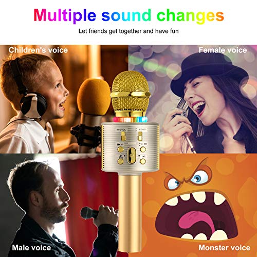 Micrófono de karaoke inalámbrico Bluetooth para niños, par con luces de colores, regalo para niños de 5 años (dorado)