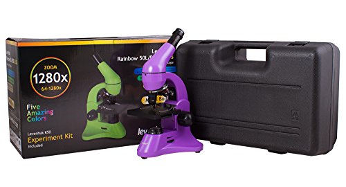 Microscopio Escolar Levenhuk Rainbow 50L Plus Amethyst/Amatista (Aumento 64–1280x, Cuerpo de Metal, Óptica de Vidrio) con Kit de Experimentos y Estuche