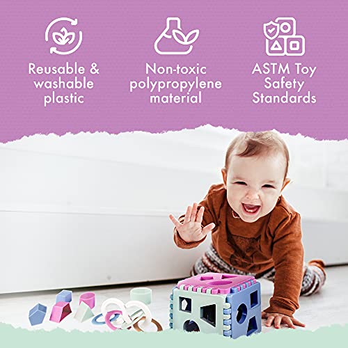 Mimtom Cubo de Actividades niños de 1-3 años | 18 Bloques para Encajar Formas y sonajero | Juguete de Aprendizaje Desmontable Color Morado, Azul y Verde