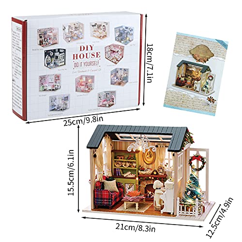 Miniatura de la Casa de Muñecas con Muebles de Navidad,Kit de Manualidades DIY Miniatura Mini Tamaño Casa de Muñecas Kits 3D Casa de Muñecas de Madera para Decoración de Regalo Cumpleaños de Navidad