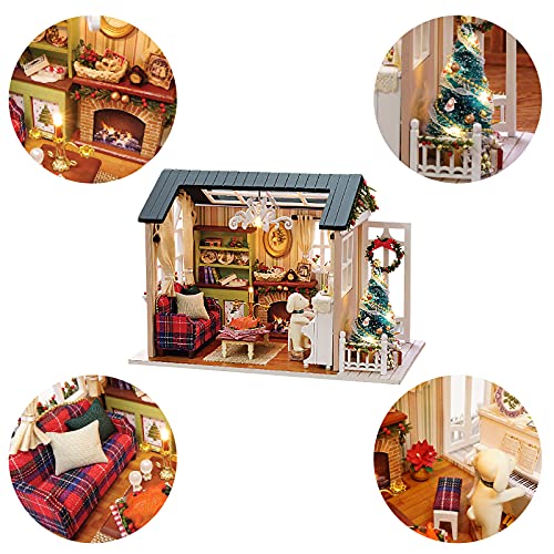 Miniatura de la Casa de Muñecas con Muebles de Navidad,Kit de Manualidades DIY Miniatura Mini Tamaño Casa de Muñecas Kits 3D Casa de Muñecas de Madera para Decoración de Regalo Cumpleaños de Navidad