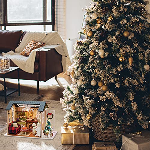 Miniatura de la Casa de Muñecas con Muebles de Navidad,Kit de Manualidades DIY Miniatura Mini Tamaño Casa de Muñecas Kits 3D Casa de Muñecas de Madera para Decoración de Regalo Cumpleaños de Navidad